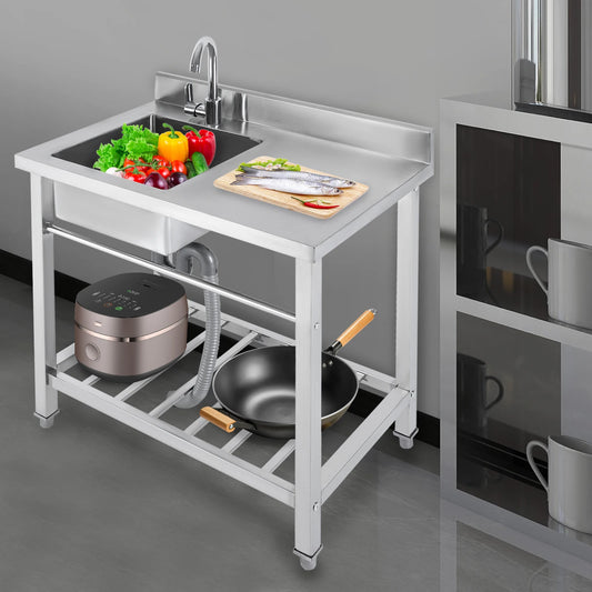 Einzelwaschbecken aus Edelstahl, kommerzielle Restaurant-Küchenspüle, freistehende Küchenspüle mit 360° °   Wasserhahn und 2 Einlassrohren