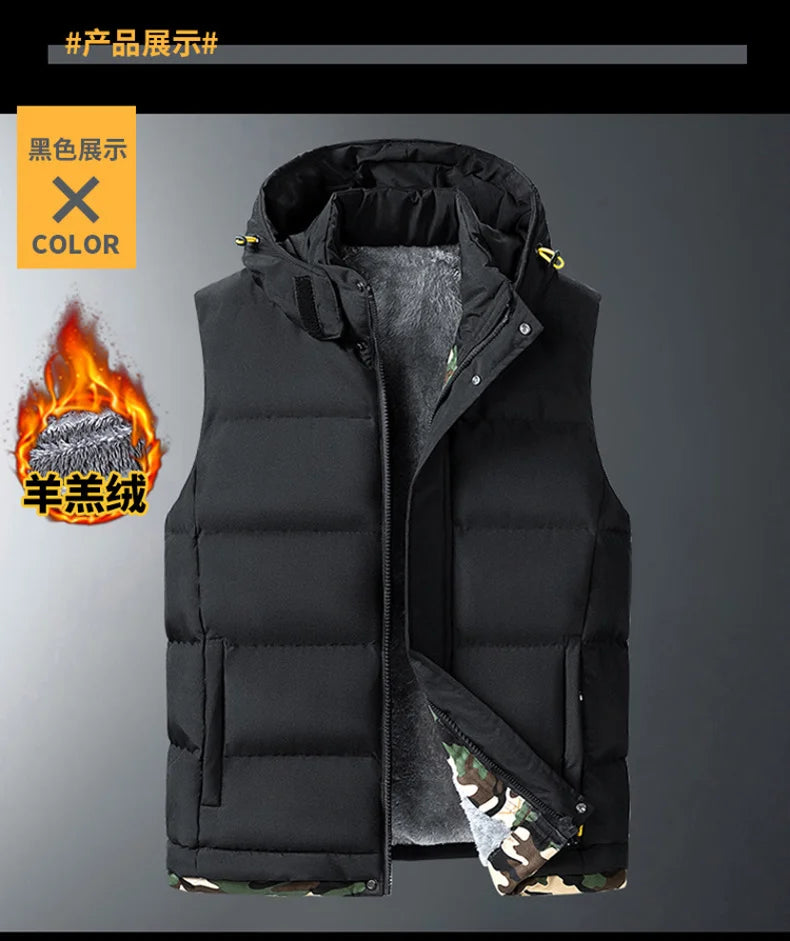 M-10XL Oversize Vests New Lambskin Vest Men's Autumn and Winter Warm and Detachable Hooded Youth Vests Windproof Waistcoats.