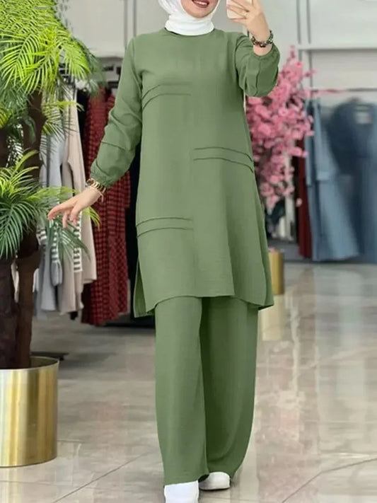 Ramadan Two Piece Sets Shirt Dress &Pants Women Muslim Suits Shirt Blouse Musulman Ensembles Moroccan Kaftan Islamic Dress Sets.