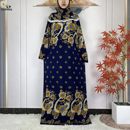 Muslim Ramadan Prayer For Women Long Sleeved Floral 2023Dubai Turkey Middle East Femme Loose Robe African Abayas Headscarf Dress
