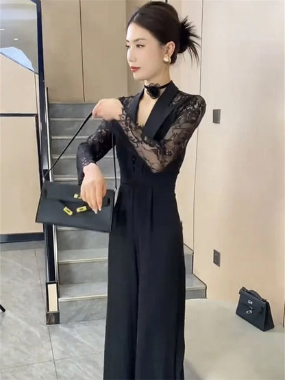BESTBAFU Sexy Lace Patchwork Sheer Jumpsuit Women  Spring Elegant Office Formal Outfit Black High Waist Wide Leg Romper 126P.