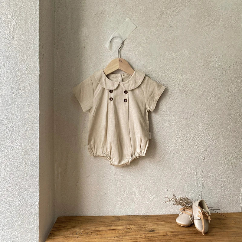 Sommer neue adrette Art Baby Body suits Hemd Kragen Mädchen Jungen Bodysuit atmungsaktive Leinen einteilige Baby kleidung.