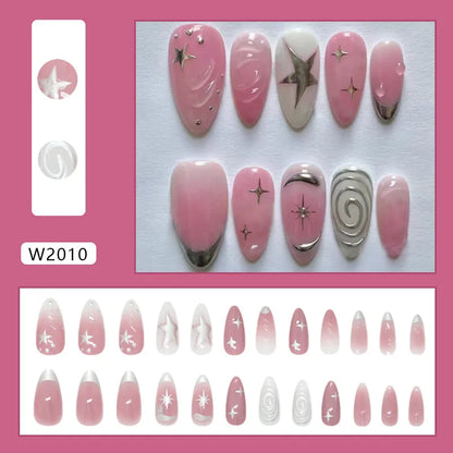 24pcs Red Star Print Fake Nails Sweet Cool Short Almond Press on Nail for Women Wearable Detachable Ins Spice Girl False Nails