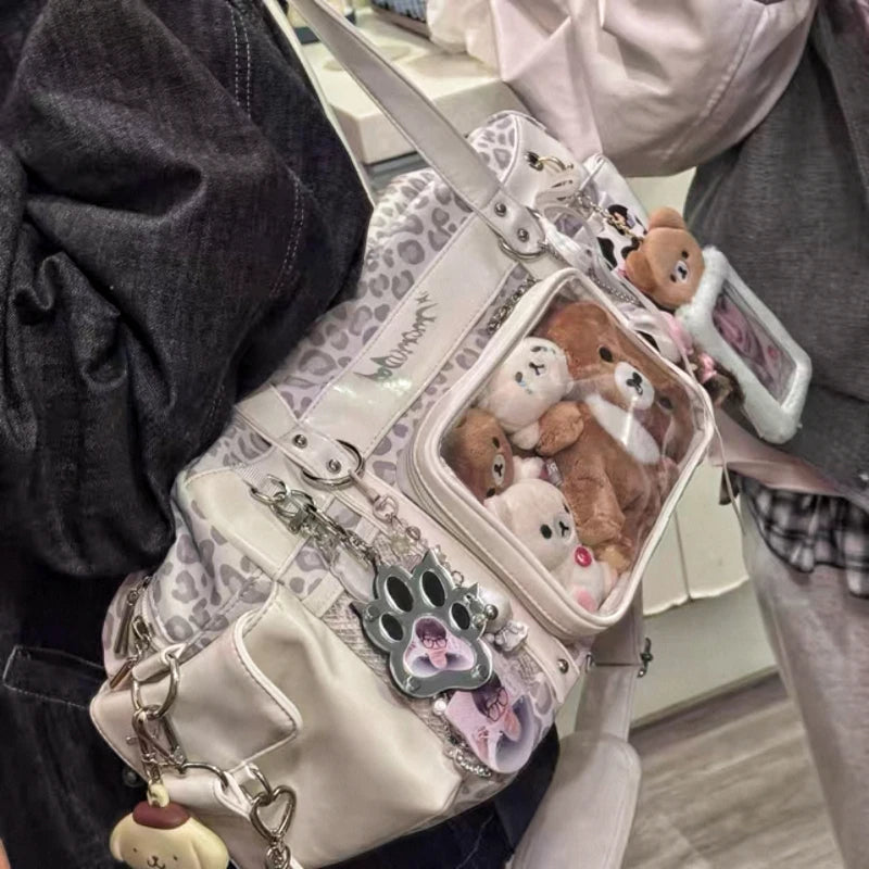 New Y2k Leopard Ita Shoulder Bag Lolita Girls Transparent Tote Bag Womens Large Capacity Crossbody Bag Cute DIY Display Handbags.
