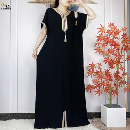 New Muslim Abayas Summer Short Sleeve African Dashiki Tassels Cotton Loose Caftan Lady Maxi Islam Casual Dresses With Headscarf.