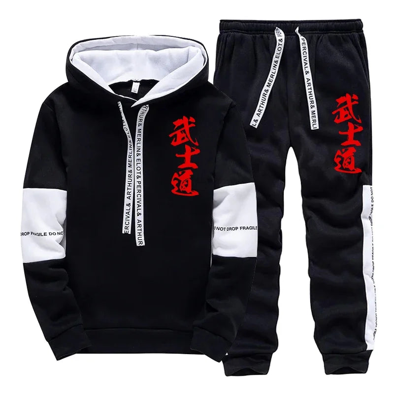 Japanese Bushido Print Hoodie Sweatpants Men's Tracksuit Autumn Winter Daily Casual Sporty Jogger Set Urban Fashion Sportswear.
