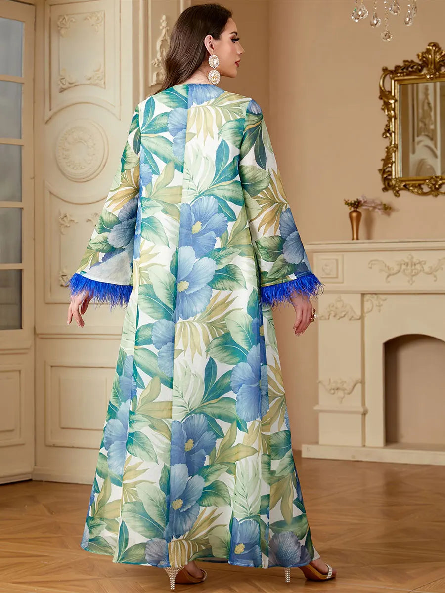 Siskakia Muslim Floral Print Dresses Women's Jalabiya Ramadan Elegant Casual Abayas Dubai Moroccan stylish Long Sleeves Kebaya.
