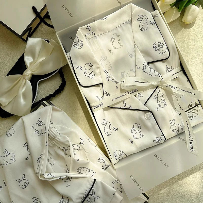 2023 frühling Herbst Neue Eis Seide 2 Stück Pyjamas für Frauen Mode Strickjacke frauen Pyjamas Süße Druck Loungewear Frauen set.