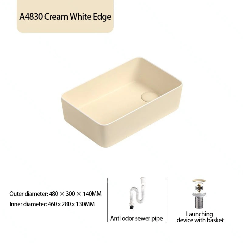 Rechteckiges Waschbecken aus Porzellan-Keramik für Badezimmer, modernes Waschbecken über der Theke mit Abflussset, Waschtischwaschbecken auf der Arbeitsplatte