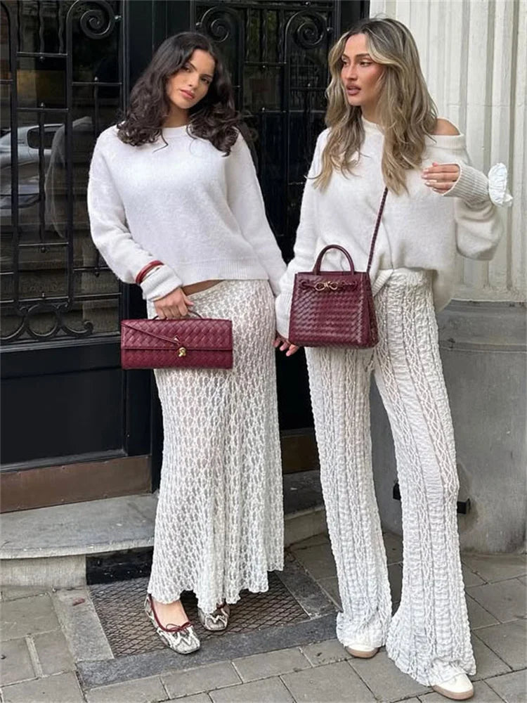 Tossy Fashion Summer Lace Long Skirt Women See-Through Slim High Waist Hollow Out Patchwork Elegant Commute Female Maxi Skirt