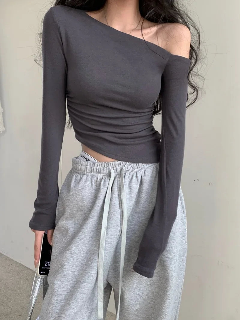 SexySpicy Girl Style Blackoff-the-Shoulder Long Sleeve T-shirt Slimming Smooths Your Silhouette Nefarious Crossbody Top For Wome
