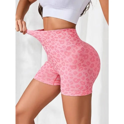 Women Leopard Print Shorts Slim Seamless Leggings High Waist Sexy Hip Liftting Knit Gym Running High Elastic Yoga Shorts.