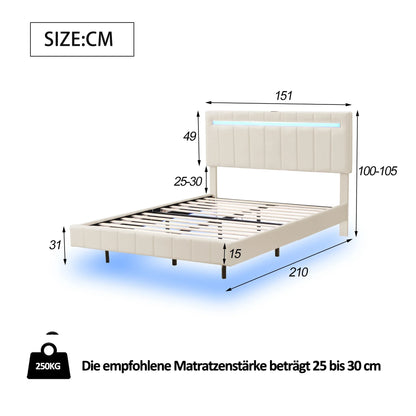 Rosahqnda Polsterbett 140/160 x 200 cm, LED-Schwebebettgestell mit USB-Ports, Doppelbett ohne Matratze, Leinenstoff