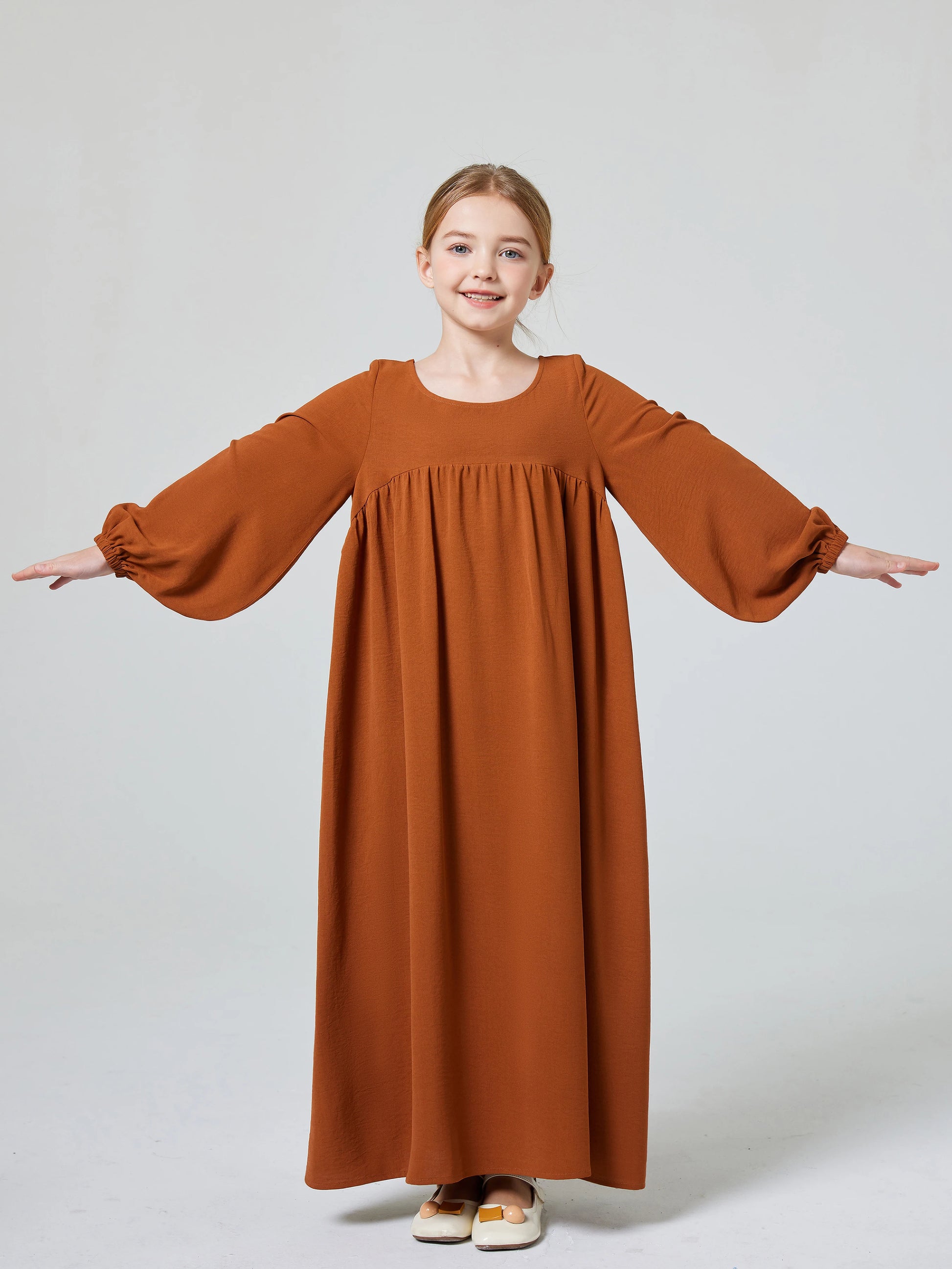 Kids Abaya Ramadan Muslim Dubai Elegant Girl's Solid Crew Neck Long Sleeve Kaftan Kebaya Dress For Party Pray Gift.