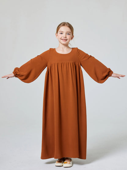 Kids Abaya Ramadan Muslim Dubai Elegant Girl's Solid Crew Neck Long Sleeve Kaftan Kebaya Dress For Party Pray Gift.
