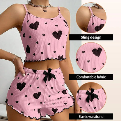 Sexy Herz Druck Pyjama Set Frauen Nachtwäsche Trendy Mode Lounge Tragen Nachtwäsche Zwei Stück Set Homewear Pyjamas