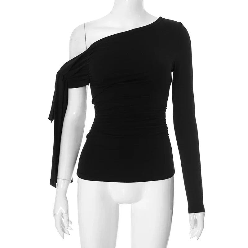 Y24TP610 Women's Autumn New Solid Color Crossbody Single Shoulder Top Sexy Asymmetric Single Sleeve T-Shirt From China.