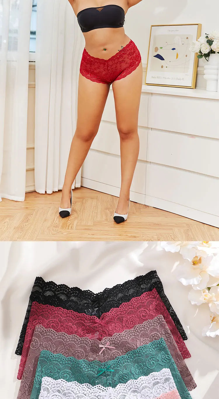 8Pcs/Set Sexy Lace Floral Boyshorts Underwear for Women Sexy Hollow Out Solid Panties Female Low-Waist Breathable Girls Lingerie.