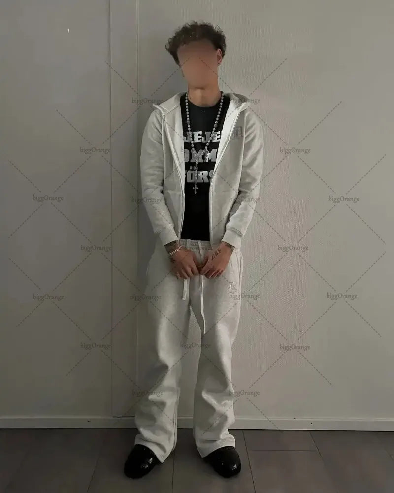 Europäischen und Amerikanischen Retro Männer Anzug Brief Gestickte Zipper Hoodie Frauen Modische Casual Lose Grau Gerade Hosen.
