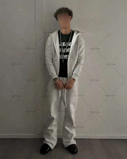 Europäischen und Amerikanischen Retro Männer Anzug Brief Gestickte Zipper Hoodie Frauen Modische Casual Lose Grau Gerade Hosen.