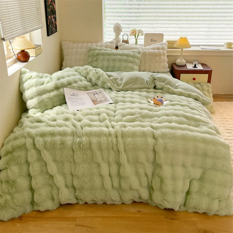 Luxury Faux Rabbit Fur Velvet Fleece Plush Soft Warm Bedding Set Super Comfortable Duvet Cover Set Blanket Bed Sheet Pillowcases