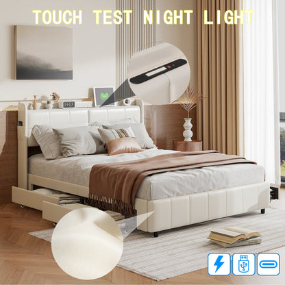 Lazyspace 140 x 200 cm Doppelbett mit 4 Schubladen, weiß gepolstertes Bett, Kopfteil mit Stauraum, USB, PU-Leder, keine Matratze