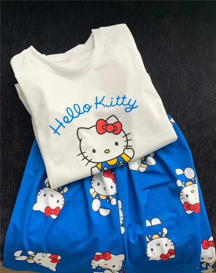 Hello Kitty Pyjamas für Damen, kurzärmelig, Freizeitkleidung, Heimkleidungsset, Cartoon-Süßes Mädchen, Geburtstagsgeschenke.