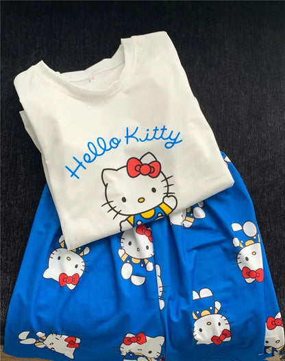 Hello Kitty Pyjamas für Damen, kurzärmelig, Freizeitkleidung, Heimkleidungsset, Cartoon-Süßes Mädchen, Geburtstagsgeschenke.
