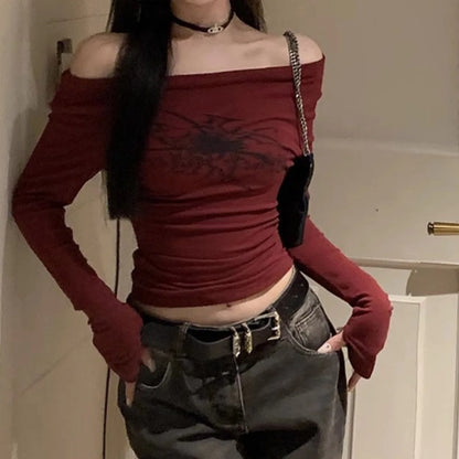 Gothic Print Grunge T-Shirts Women Long Sleeve Off the Shoulders Tops Y2K Clothes Streetwear Shirt Korean Style Vintage Crop Top.