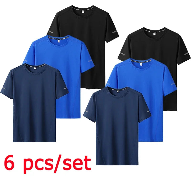 6pcs Men T-shirt Tracksuit Sets Plus Size 5XL/6XL/7XL 90-175kg Quick Dry Round Neck Short Sleeve Sportwear Big Size Men Clothing.