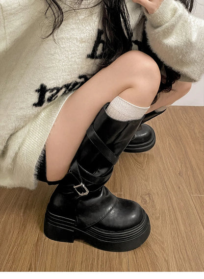 Vintage Thick Heel Women Knight Long Boots Fashion Slip On Knee High Booties Autumn Winter Shoes Zapatos De Mujer.