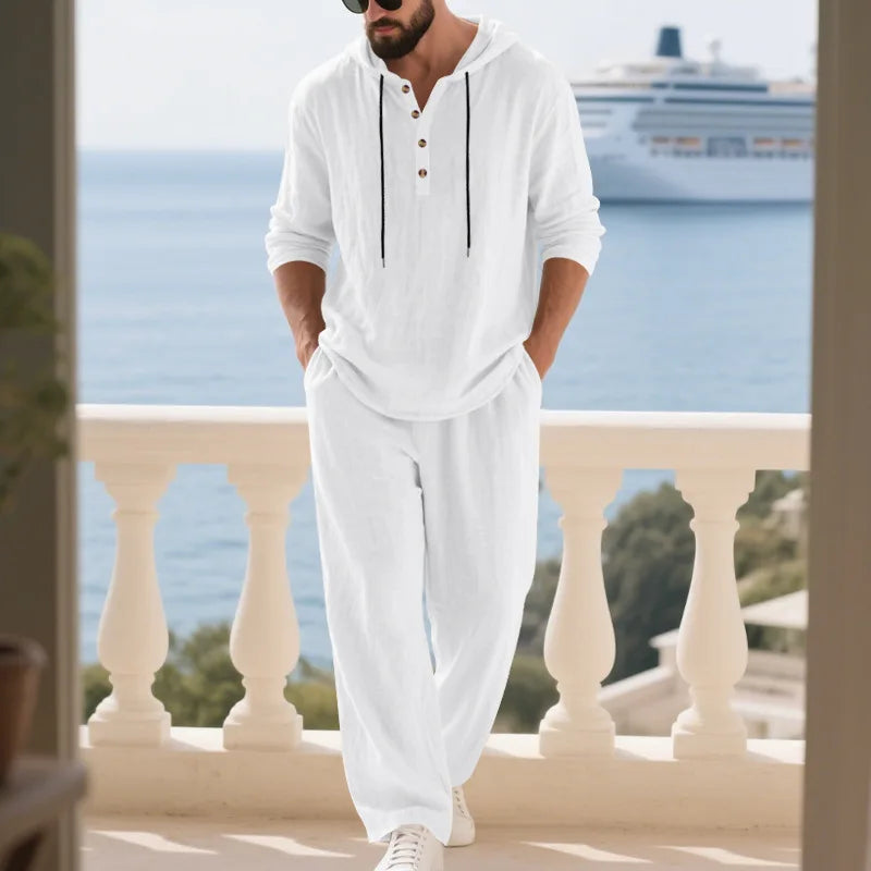 Cross-border Autumn Linen Men's Casual Suit Loose Hooded Henley Shirt Long Sleeve Pants Suit.