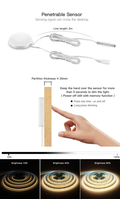 24V 10m Touch Dimmer und Hand Sweep Sensor Schalter Cob LED Streifen Licht 120leds/m LED Band Band linear dimmbar für Raum dekoration.