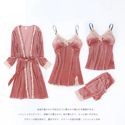 Autumn Velvet Women 4PCS Pajamas Set Sleepwear Burgundy Velour Bathrobe Nightwear Lace Patchwork Pijamas Suit Sexy Negligee