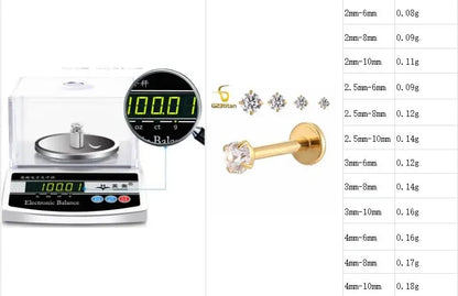 16G 18G Titanium Labret Stud Lip Ring Ear Helix Conch Trage Earring 2-4mm Zircon 0.9mm Internally Threaded Body Piercing Jewelry.