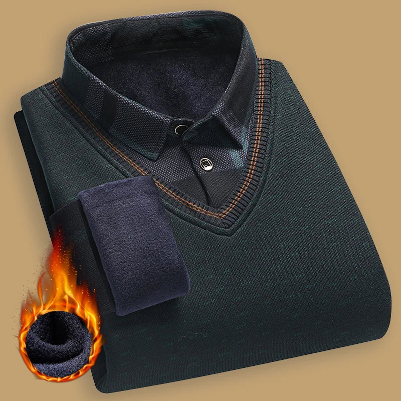 New Autumn Winter Sweaters Men's Velvet Pullover Knitted Bottom Shirts Men's Polo Pullover Wine Red Fleeced Knitwear.