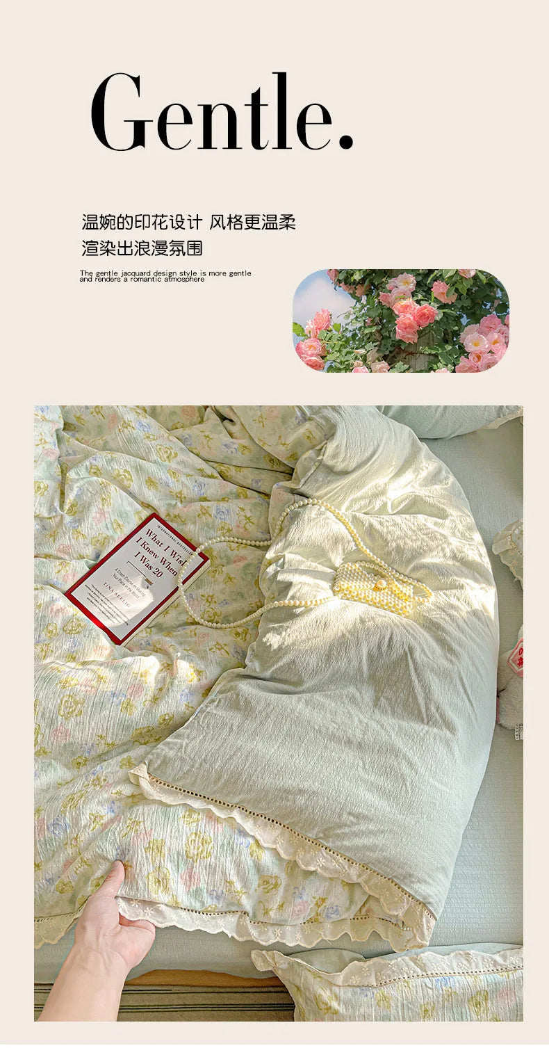 2025 new small fresh printing French lace lace double four-piece set bedding wrinkled yarn student three-piece set.