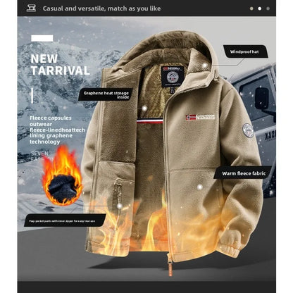 CHUJIE Men's autumn and winter fleece fashion graphenewarm hooded jacket outdoor hiking sports with thick fleece cardigan jacket.