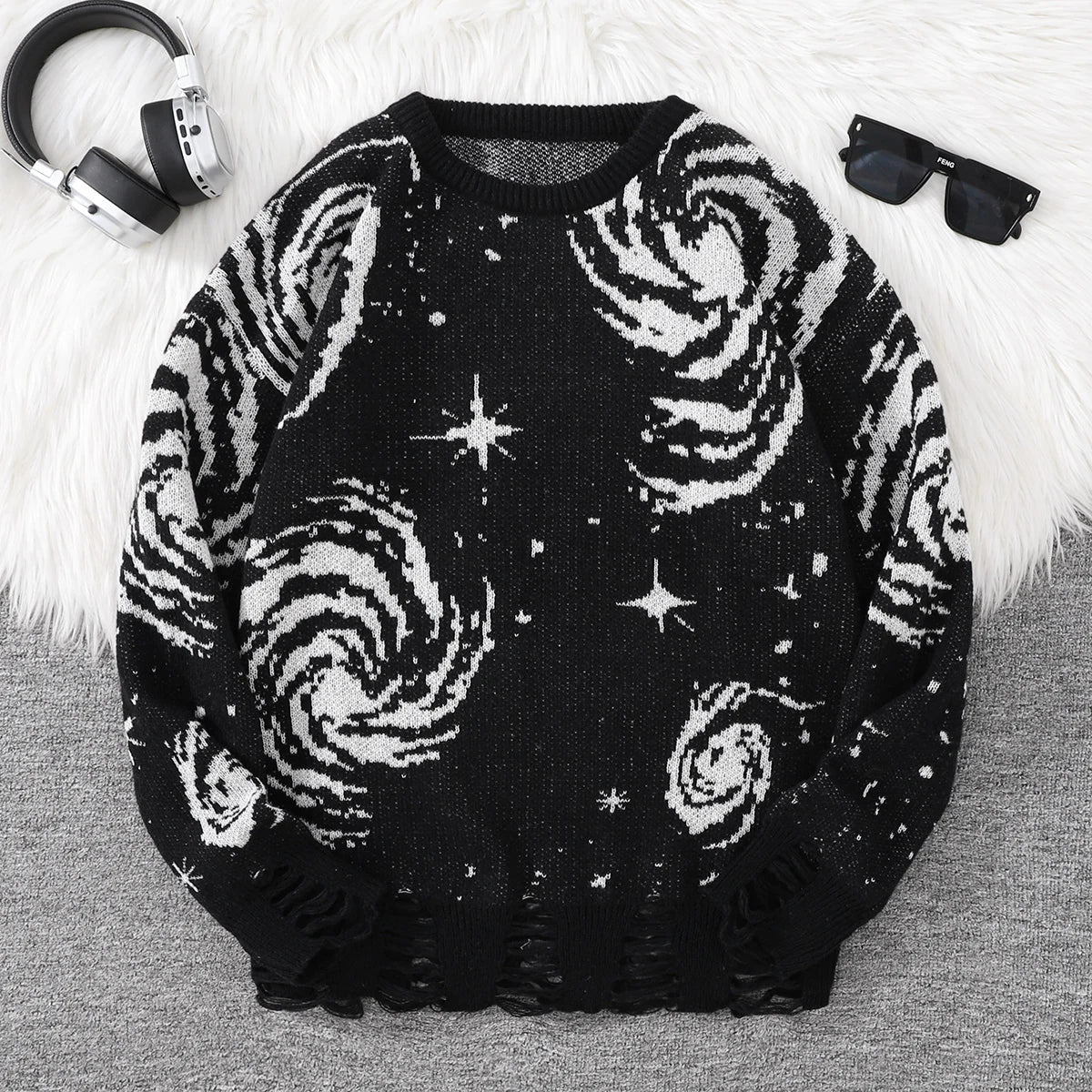 New Popular Street Ripped Abstract Starry Sky Pattern Pullover Ripped Sweater Casual Round Neck Knitted Men's Pullover