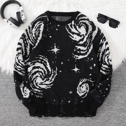 New Popular Street Ripped Abstract Starry Sky Pattern Pullover Ripped Sweater Casual Round Neck Knitted Men's Pullover