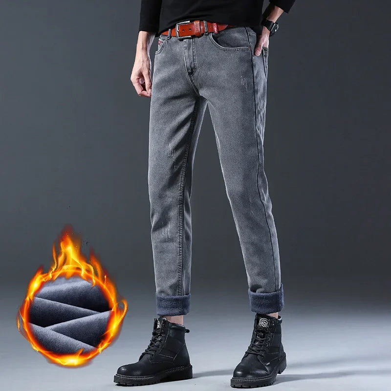 Winter Hot Sale Of The Season Trendy Stretchy Fleece Lined Thick Denim Mid Waist Fashionable Casual Warm Long Pants Men's Jeans.