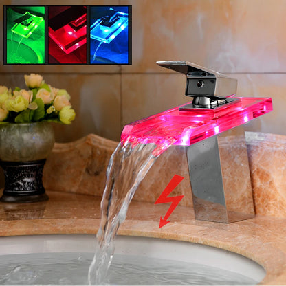 Smart Bathroom Faucet with Temp Light, Anti-Scald LED Indicator, Brass Construction, Waterfall LED Faucet, LED Color Changing