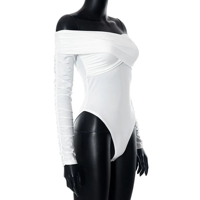 Cryptographic Fashion Ruched Sexy Backless Wrap Bodysuit Elegant Off Shoulder Slim Long Sleeve White Tops One Piece Skinny Fall.