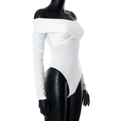 Cryptographic Fashion Ruched Sexy Backless Wrap Bodysuit Elegant Off Shoulder Slim Long Sleeve White Tops One Piece Skinny Fall.