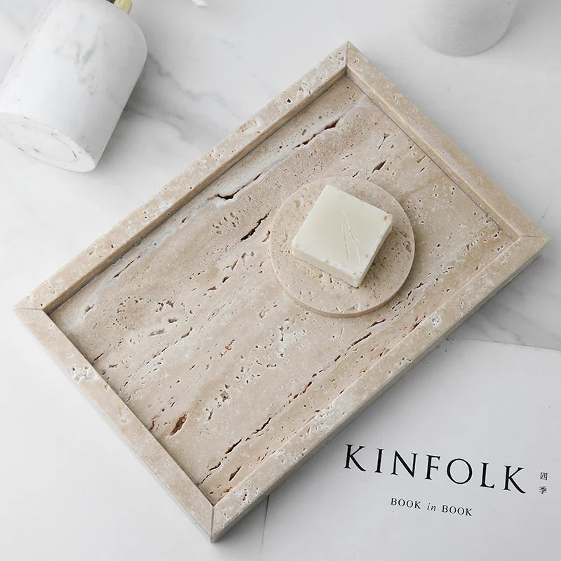 Minimalism Marble Tray for Perfume Candles Jewelry Travertine Stone Vanity Tray for Dresser Countertop Coffee Table Serving.