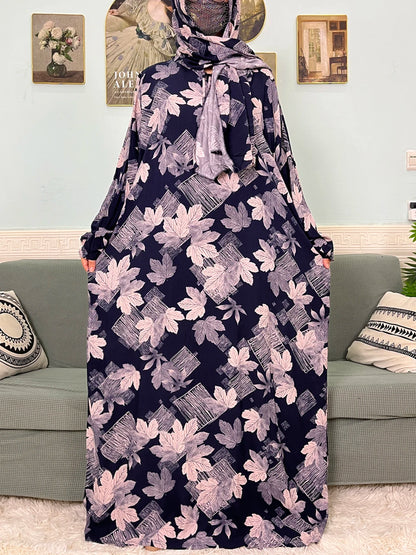Muslim Cotton Abayas For Women Traditional Floral Ramadan Prayer Garment African Caftan Marocain Femme Robe Connected Headscarf