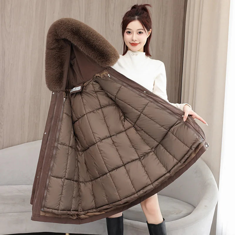 Winter dame Winter Stepp Mantel Abnehmbare Futter Pelz Kragen Gürtel Parka Jacke Für Frauen Verdickt Thermische frauen Mantel