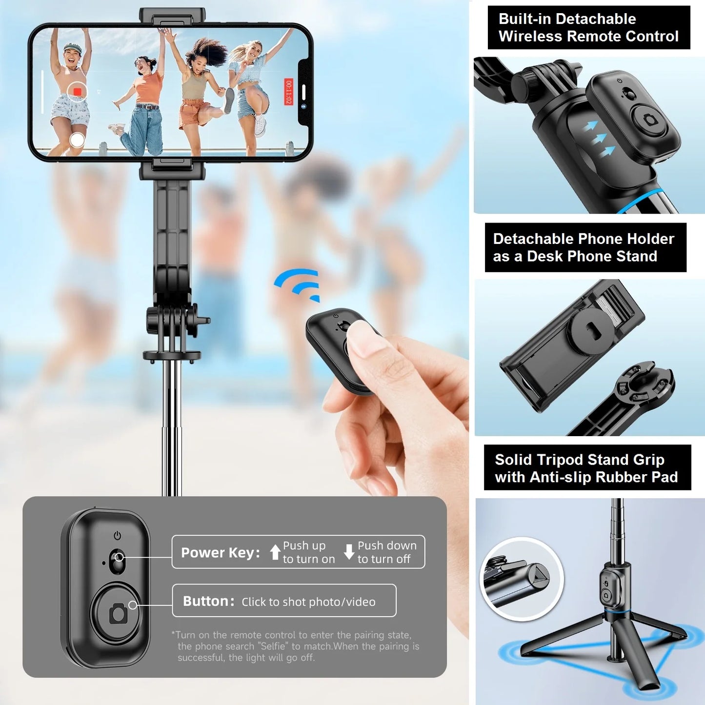 Selfie Stick for iPhone Phone 42" Extendable Selfie Stick and Tripod Stand with Bluetooth Remote for Travel Vlog Video Recording.
