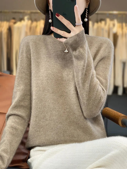 100% Merino Wool Sweater Women O-neck Cashmere Knitwear Female Pullover Autumn Winter Casual Tops Solid Color Soft  Clothing