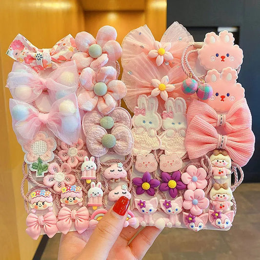 Kawaii Flower Bow Scrunchies Set Children Gift Girls Elastic Hair Rubber Bands Accessories Tie Hair Ring Rope Headdress Headwear.